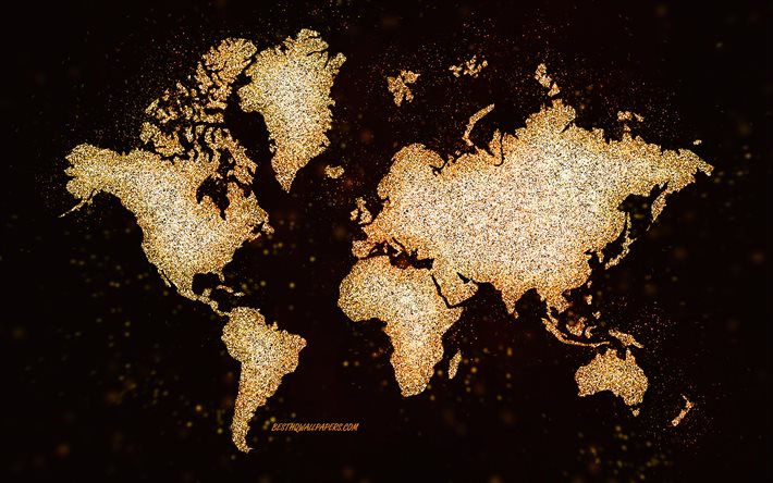 Mundo glitter mapa, fundo preto, Mapa, o amarelo brilho de arte, Mapa de conceitos, arte criativa, Mundo amarelo mapa, continentes mapa