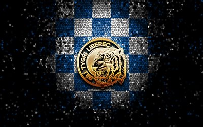 HC Bili Tygri Liberec, glitter logo, Extraliga, blue white checkered background, hockey, czech hockey team, HC Bili Tygri Liberec logo, mosaic art, czech hockey league, Bili Tygri Liberec