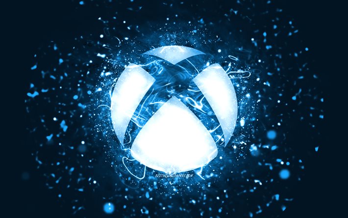 Xbox blue logo, 4k, blue neon lights, creative, blue abstract background, Xbox logo, OS, Xbox