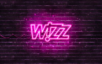 wizz air-purple-logo, 4k, lila brickwall -, wizz air logo, airline, wizz air neon-logo, wizz air