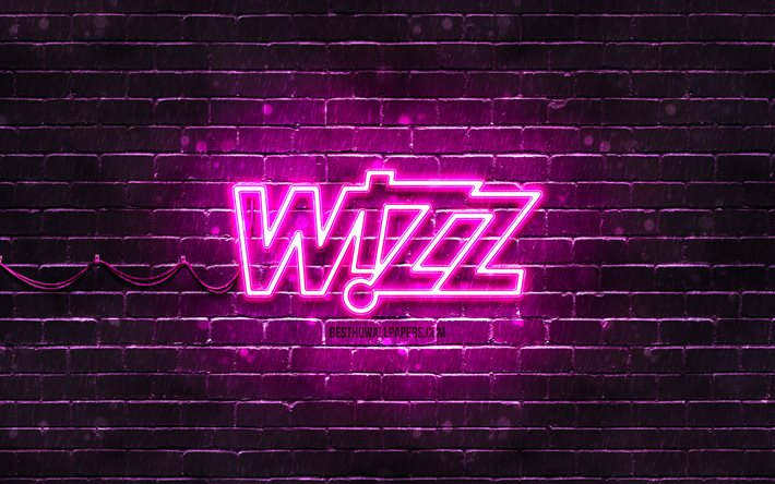 Wizz Air purple logo, 4k, purple brickwall, Wizz Air logo, airline, Wizz Air neon logo, Wizz Air