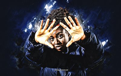 Little Simz, British rapper, Simbiatu Abisola Abiola Ajikawo, blue stone background, grunge art, Little Simz art