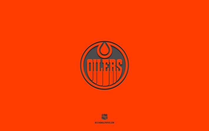 Edmonton Oilers, orange background, American hockey team, Edmonton Oilers emblem, NHL, USA, hockey, Edmonton Oilers logo