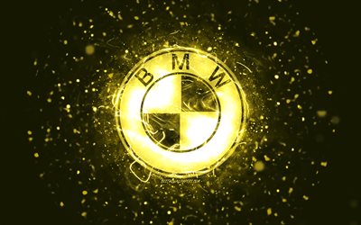 BMW yellow logo, 4k, yellow neon lights, creative, yellow abstract background, BMW logo, cars brands, BMW