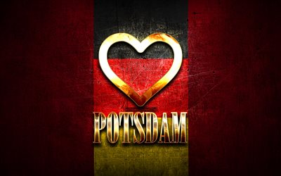 Amo Potsdam, citt&#224; tedesche, iscrizione d&#39;oro, Germania, cuore d&#39;oro, Potsdam con bandiera, Potsdam, citt&#224; preferite, Love Potsdam