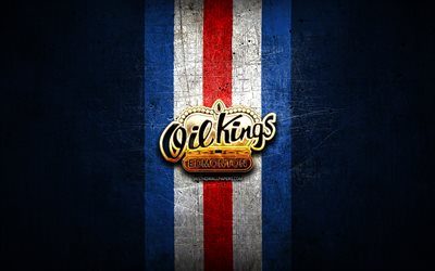 Edmonton Oil Kings, kultainen logo, WHL, sininen metallitausta, kanadalainen j&#228;&#228;kiekkojoukkue, Edmonton Oil Kings -logo, j&#228;&#228;kiekko, Kanada