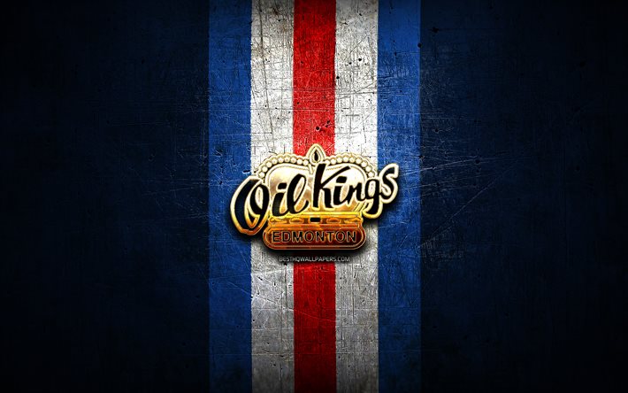 Edmonton Oil Kings, altın logo, WHL, mavi metal arka plan, kanadalı hokey takımı, Edmonton Oil Kings logosu, hokey, Kanada