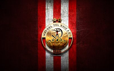 Hapoel Tel Aviv FC, kultainen logo, Ligat ha Al, punainen metallitausta, jalkapallo, Israelin jalkapalloseura, Hapoel Tel Aviv -logo, Hapoel Tel Aviv