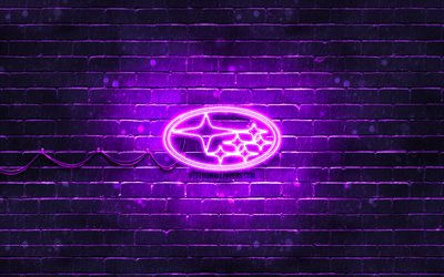 スバルバイオレットロゴ, 4k, 紫のレンガの壁, スバルのロゴ, 車のブランド, スバルネオンロゴ, スバル
