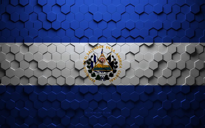Drapeau d&#39;El Salvador, art en nid d&#39;abeille, drapeau d&#39;hexagones d&#39;El Salvador, El Salvador, art d&#39;hexagones 3d, drapeau d&#39;El Salvador