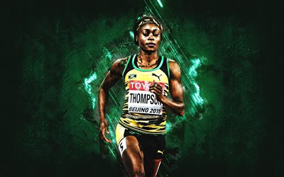 Elaine Thompson, Jamaican athlete, portrait, Jamaican sprinter, Olympic champion, Jamaica, green stone background