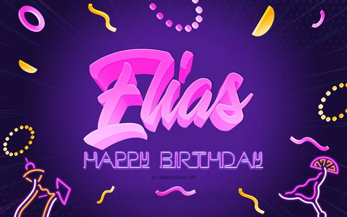 お誕生日おめでとうエリアス, 4k, 紫のパーティーの背景, イライアス, クリエイティブアート, エリアスお誕生日おめでとう, エリアスの名前, エリアスの誕生日, 誕生日パーティーの背景