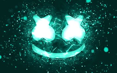 Marshmello turquoise logo, 4k, Christopher Comstock, turquoise neon lights, creative, turquoise abstract background, DJ Marshmello, Marshmello logo, american DJs, Marshmello