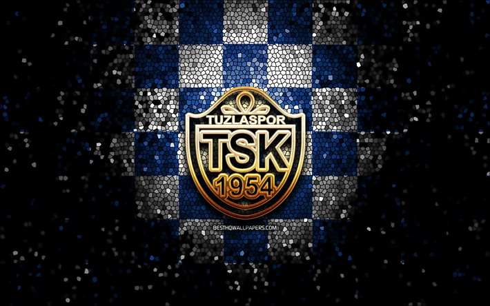 Tuzlaspor FC, glitter logo, 1 Lig, blue white checkered background, soccer, turkish football club, Tuzlaspor logo, mosaic art, TFF First League, football, Tuzlaspor