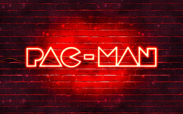 Logo rosso Pac-Man, 4k, muro di mattoni rossi, logo Pac-Man, logo neon Pac-Man, Pac-Man