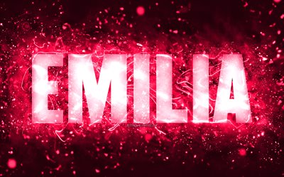 Joyeux anniversaire Emilia, 4k, n&#233;ons roses, nom Emilia, cr&#233;atif, Emilia joyeux anniversaire, anniversaire Emilia, noms f&#233;minins am&#233;ricains populaires, photo avec le nom Emilia, Emilia