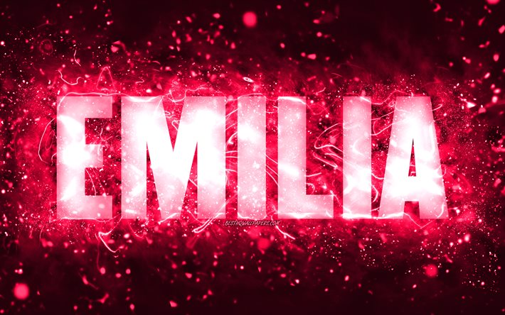 Buon compleanno Emilia, 4k, luci al neon rosa, nome Emilia, creativo, buon compleanno Emilia, compleanno Emilia, nomi femminili americani popolari, foto con nome Emilia, Emilia