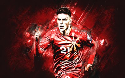 Elmas Elif, Pohjois-Makedonian jalkapallomaajoukkue, makedonialainen jalkapalloilija, muotokuva, punainen kivi tausta, jalkapallo, Pohjois-Makedonia