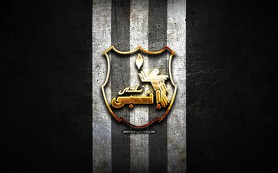Enppi FC, logo dor&#233;, Premier League &#233;gyptienne, fond m&#233;tal noir, football, EPL, club de football &#233;gyptien, logo Enppi, Enppi SC