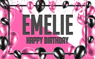 Happy Birthday Emelie, Birthday Balloons Background, Emelie, wallpapers with names, Emelie Happy Birthday, Pink Balloons Birthday Background, greeting card, Emelie Birthday
