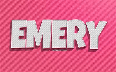 Emery, fond de lignes roses, fonds d&#39;&#233;cran avec noms, nom Emery, noms f&#233;minins, carte de voeux Emery, dessin au trait, photo avec nom Emery