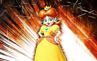 4k, Princess Daisy, grunge art, Super Mario, cartoon princess, orange abstract rays, Super Mario characters, Super Mario Bros, Princess Daisy Super Mario