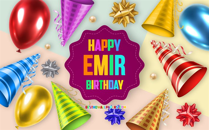 Happy Birthday Emir, 4k, Birthday Balloon Background, Emir, creative art, Happy Emir birthday, silk bows, Emir Birthday, Birthday Party Background