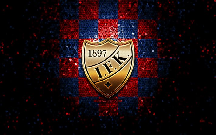 IFK Helsinki, parlak logo, Liiga, kırmızı mavi kareli arka plan, hokey, fin hokey takımı, IFK Helsinki logosu, mozaik sanatı, fin hokey ligi