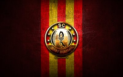 East Bengal FC, gyllene logotyp, ISL, r&#246;d metall bakgrund, fotboll, indisk fotbollsklubb, East Bengal logo, Indien, SC East Bengal