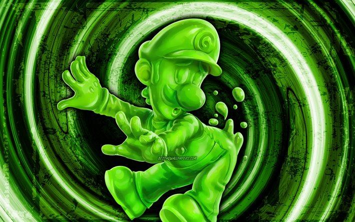 4k, Gooigi, fond grunge vert, Super Mario, vortex, personnages de Super Mario, plombier de dessin anim&#233;, Super Mario Bros, Gooigi Super Mario