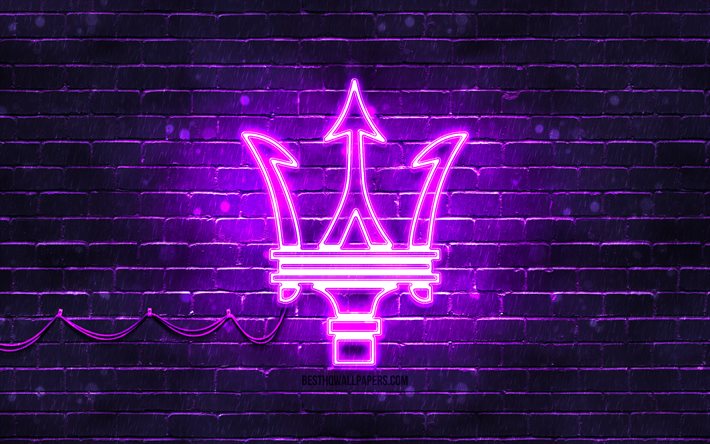 maserati violettes logo, 4k, violette mauer, maserati logo, automarken, maserati neon logo, maserati