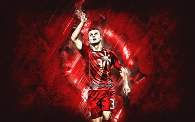 Enis Bardhi, makedonialainen jalkapalloilija, Pohjois-Makedonian jalkapallomaajoukkue, punainen kivi tausta, jalkapallo, Pohjois-Makedonia