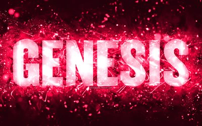 Happy Birthday Genesis, 4k, pink neon lights, Genesis name, creative, Genesis Happy Birthday, Genesis Birthday, popular american female names, picture with Genesis name, Genesis