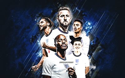 England national football team, blue stone background, England, football, Harry Kane, Raheem Sterling