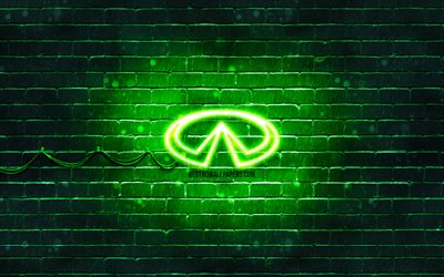 Logo verde Infiniti, 4k, muro di mattoni verde, logo Infiniti, marchi di automobili, logo al neon Infiniti, Infiniti