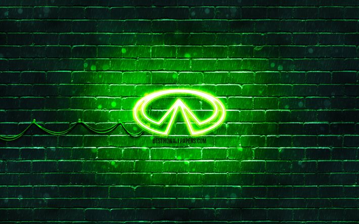 Logo verde Infiniti, 4k, muro di mattoni verde, logo Infiniti, marchi di automobili, logo al neon Infiniti, Infiniti