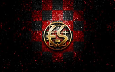 Eskisehirspor FC, glitter logo, 1 Lig, red black checkered background, soccer, turkish football club, Eskisehirspor logo, mosaic art, TFF First League, football, Eskisehirspor FK