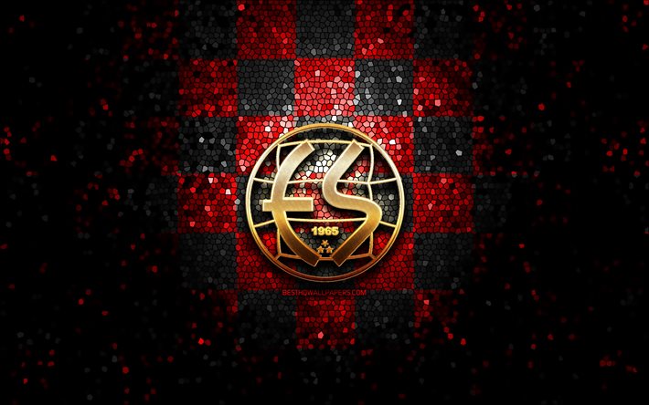Eskisehirspor FC, logo glitter, 1 Lig, sfondo rosso nero a scacchi, calcio, squadra di calcio turca, logo Eskisehirspor, arte del mosaico, TFF First League, Eskisehirspor FK