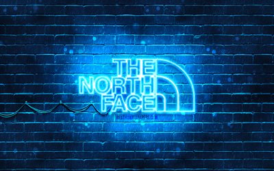 Logotipo azul The North Face, 4k, parede de tijolos azul, logotipo The North Face, marcas, logotipo neon The North Face, The North Face