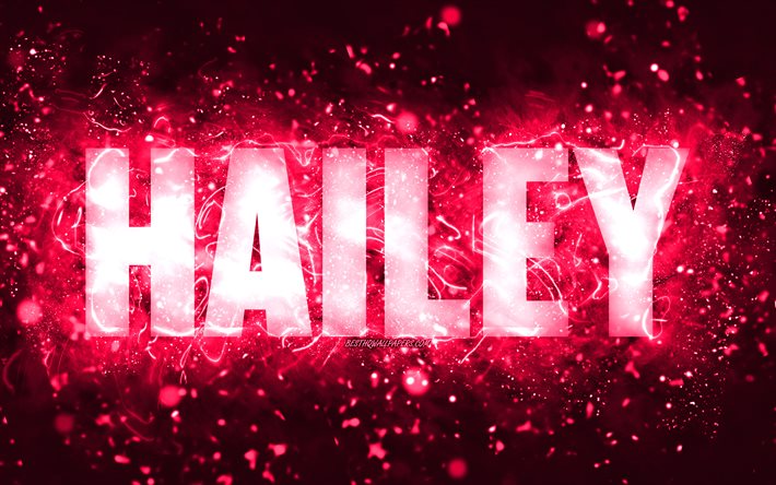 Buon compleanno Hailey, 4k, luci al neon rosa, nome Hailey, creativo, buon compleanno Hailey, compleanno Hailey, nomi femminili americani popolari, foto con nome Hailey, Hailey