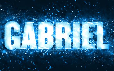 Happy Birthday Gabriel, 4k, blue neon lights, Gabriel name, creative, Gabriel Happy Birthday, Gabriel Birthday, popular american male names, picture with Gabriel name, Gabriel