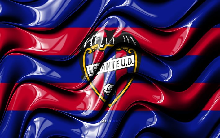 Bandiera Levante, 4k, onde 3D blu e rosse, LaLiga, squadra di calcio spagnola, Levante FC, calcio, logo Levante, La Liga, Levante UD