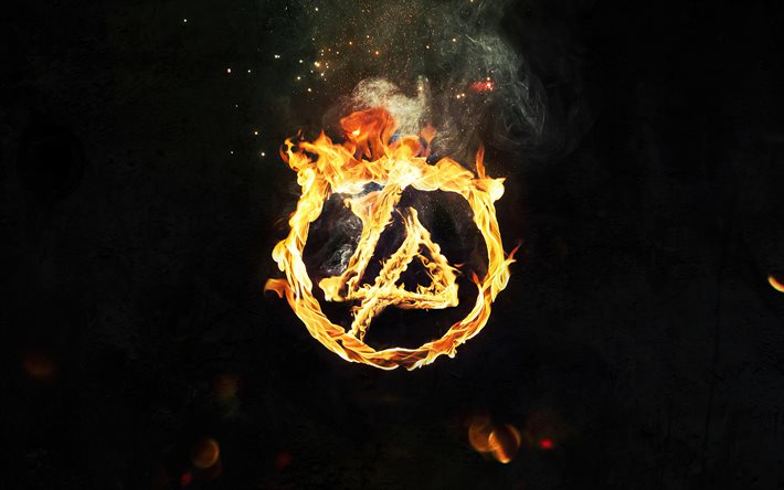 Logotipo fiery do Linkin Park, 4k, escurid&#227;o, fan art do minimalismo, logotipo do Linkin Park, banda de rock americana, estrelas da m&#250;sica, Linkin Park