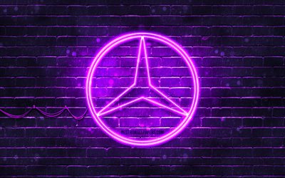Mercedes-Benz violet logo, 4k, violet brickwall, Mercedes-Benz logo, cars brands, Mercedes logo, Mercedes-Benz neon logo, Mercedes-Benz