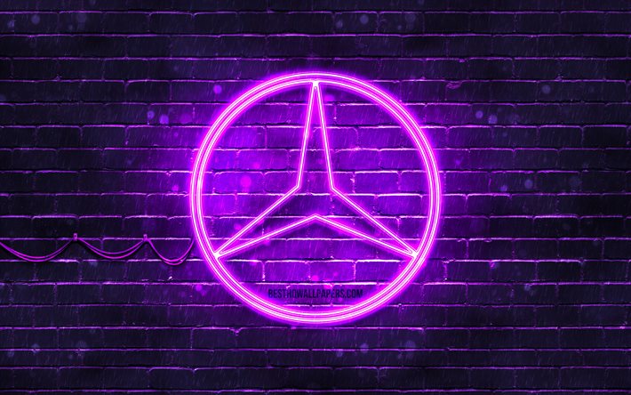 Mercedes-Benz violetti logo, 4k, violetti tiilisein&#228;, Mercedes-Benz-logo, automerkit, Mercedes-logo, Mercedes-Benz neon-logo, Mercedes-Benz