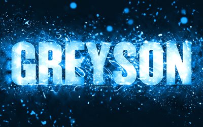 Happy Birthday Greyson, 4k, luzes de n&#233;on azuis, nome Greyson, criativo, Greyson Happy Birthday, Greyson Birthday, nomes masculinos americanos populares, imagem com o nome Greyson, Greyson