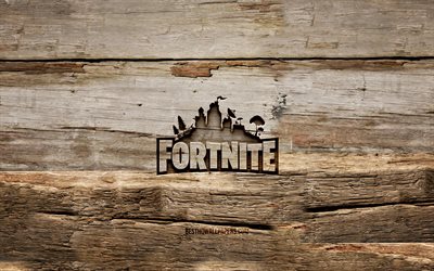 Fortnite wooden logo, 4K, wooden backgrounds, games brands, Fortnite logo, creative, wood carving, Fortnite