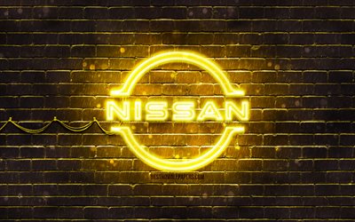 Logo jaune Nissan, 4k, brickwall jaune, logo Nissan, marques de voitures, logo n&#233;on Nissan, Nissan