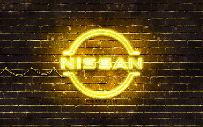 Logo giallo Nissan, 4K, muro di mattoni giallo, logo Nissan, marche di automobili, logo Nissan neon, Nissan
