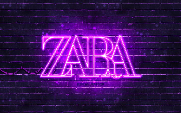 Zara violetti-logo, 4k, violetti tiilisein&#228;, Zara-logo, muotimerkit, Zara-neon-logo, Zara